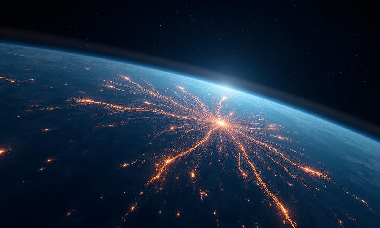 Vue de la Terre depuis l'espace avec des grilles urbaines se fondant dans des lumières de ville la nuit, symbolisant la technologie et le stationnement intelligent